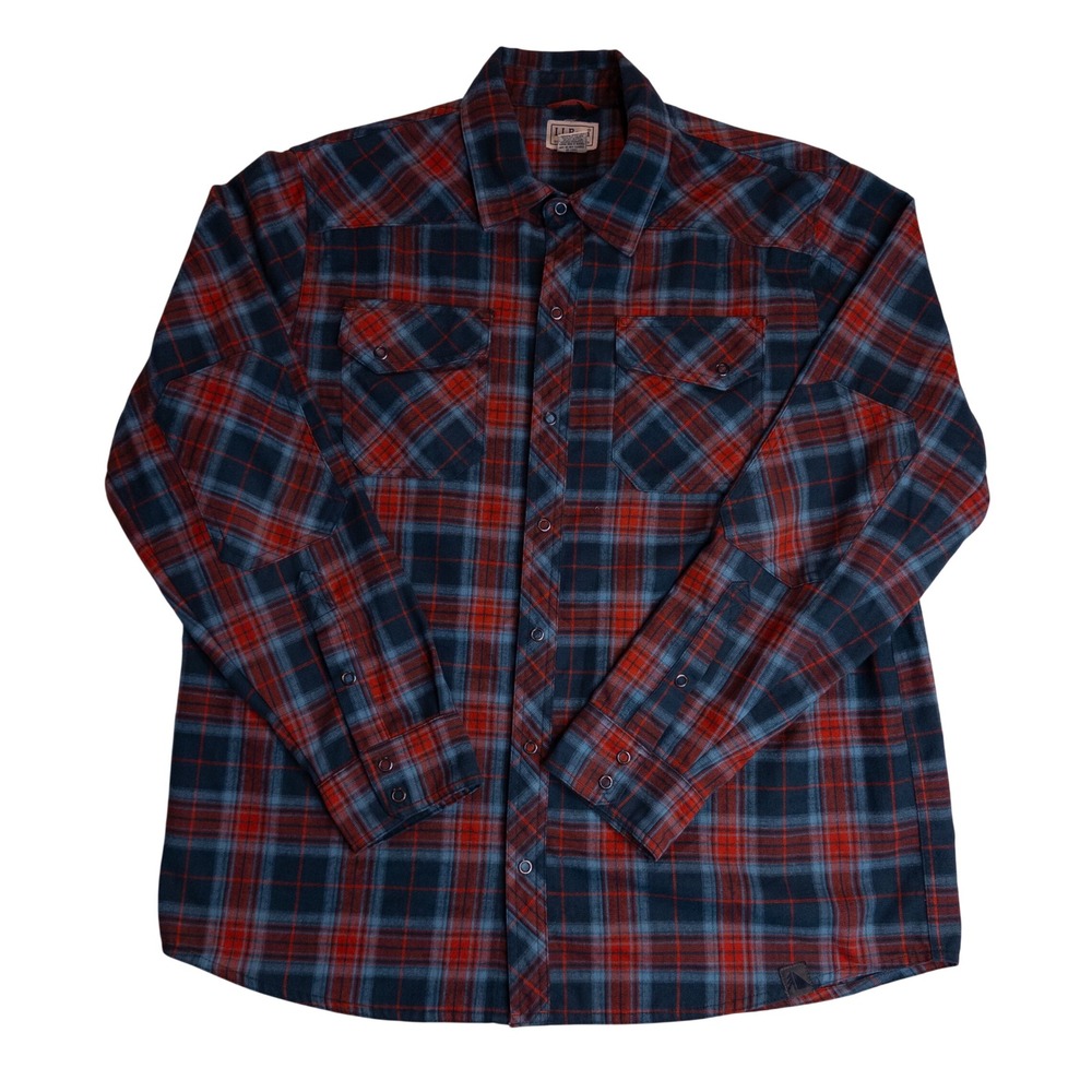 L.L. Bean Flannel Shirt Mens Large Blue Red Excellent Snap Western Plaid 285507